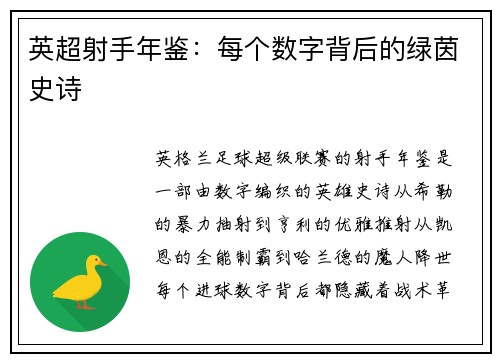 英超射手年鉴：每个数字背后的绿茵史诗